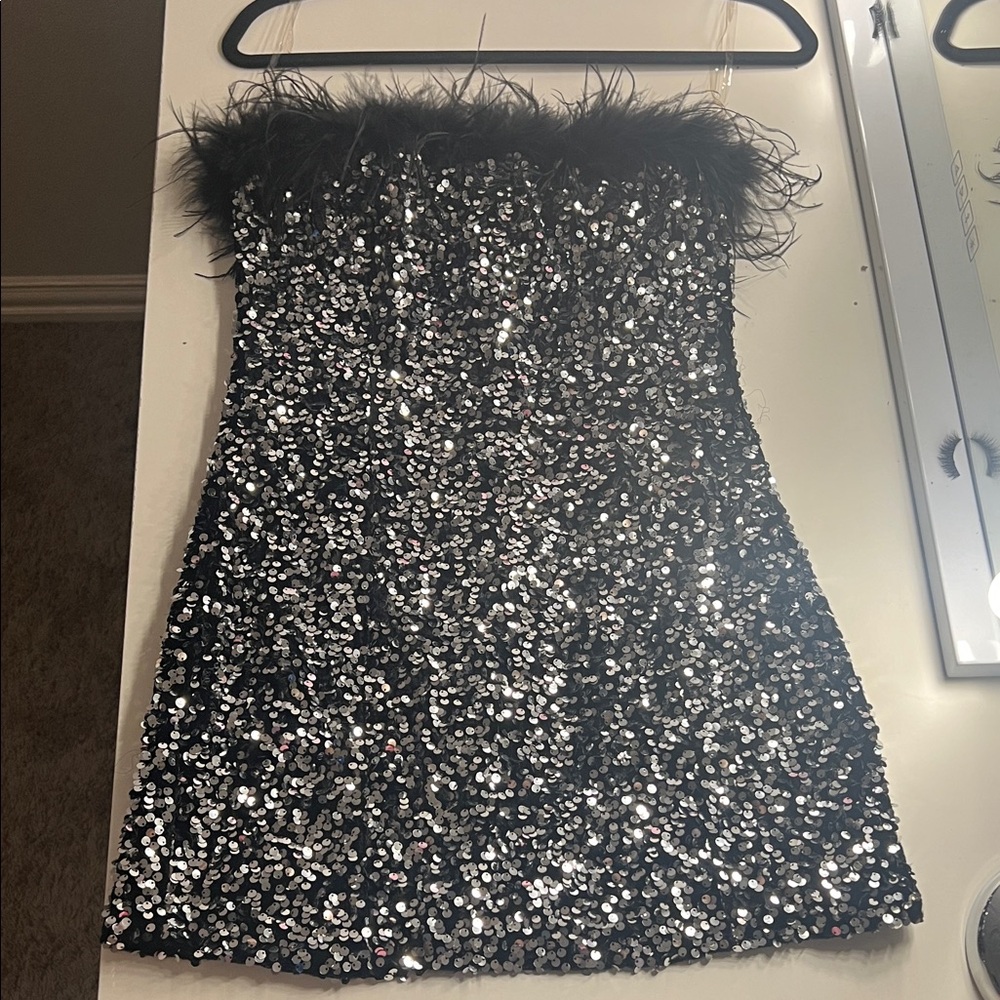 Black Sequin Strapless Dress with Feather Trim
